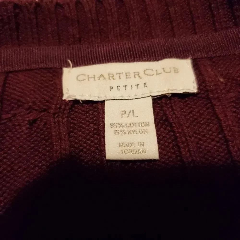 Charter Club Ladies Size Petite Large Burgundy Cable Knit Sweater